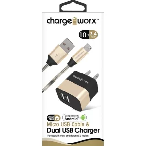 Chargeworx CHA-CX3217GD  10 FT MICRO CABLE AND 2.4 DUAL USB WALL CHARGER