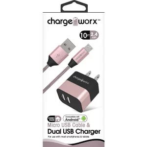Chargeworx CHA-CX3217RG  10 FT MICRO CABLE AND 2.4 DUAL USB WALL CHARGER