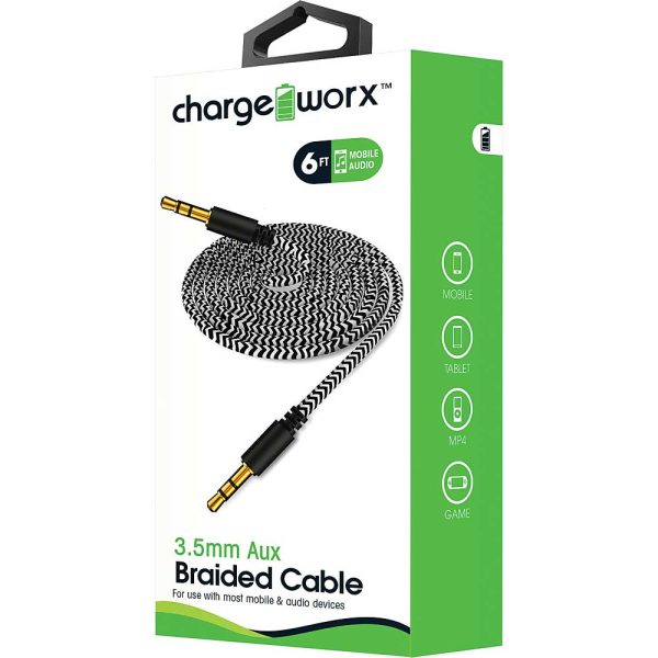 Chargeworx CHA-CX4528BK  AUDIO AUXILIARY CABLE 1 8M/6FT BRAIDED