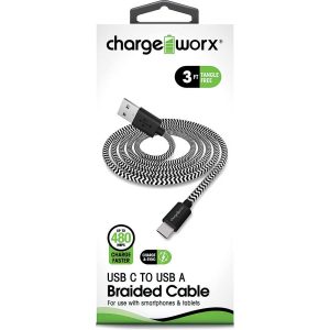 Chargeworx CHA-CX4533BK  3 FT BRAIDED USB C TO USB A CABLE