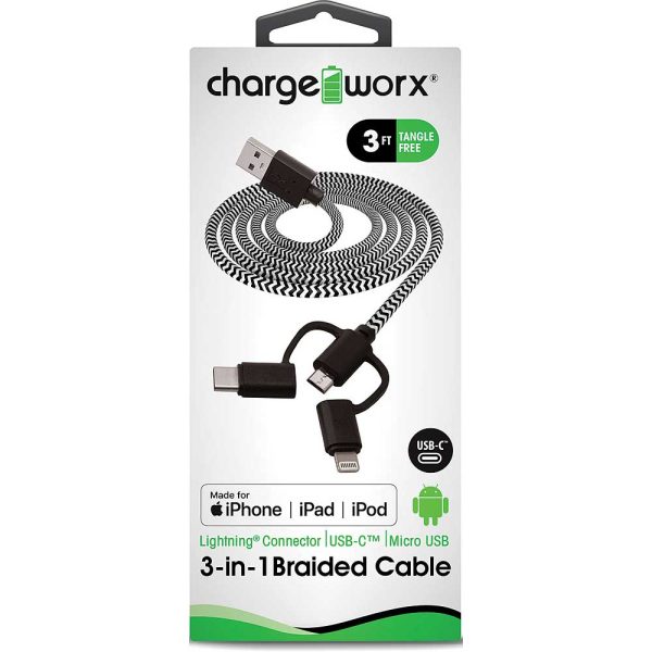 Chargeworx CHA-CX4542BK  3 FT BRAIDED 3 TIP CABLE