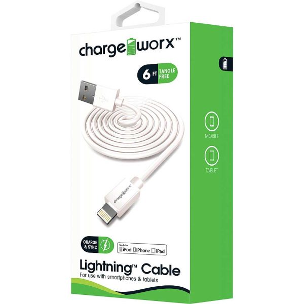 Chargeworx CHA-CX4602WH  SYNC & CHARGE CABLE LIGHTNING 1 8M/6FT WHITE