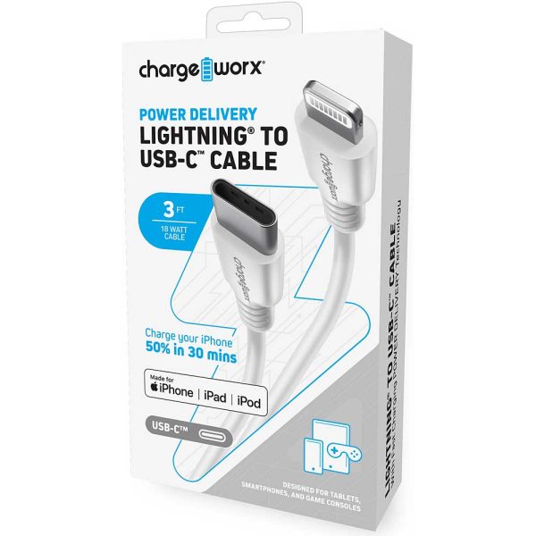 Chargeworx CHA-CX4624WH  PD  SYNC & CHARGE CABLE USB-C TO LIGHTNING 3 FT
