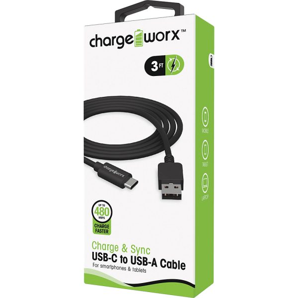 Chargeworx CHA-CX4626BK  SYNC & CHARGE CABLE USB-C TO USB-A 3FT