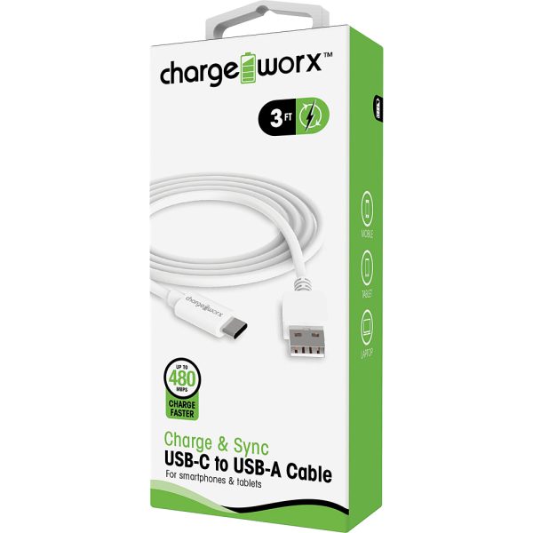 Chargeworx CHA-CX4626WH  SYNC & CHARGE CABLE USB-C TO USB-A 3FT