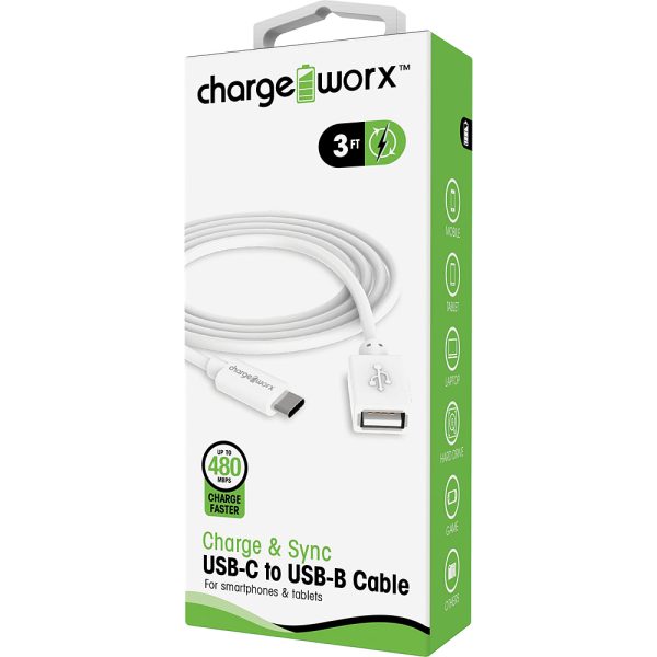 Chargeworx CHA-CX4628WH  SYNC & CHARGE CABLE USB-C TO USB-B 3FT