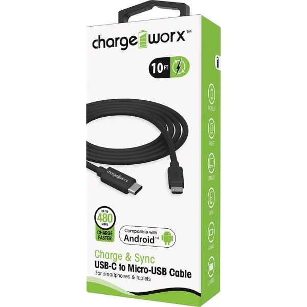 Chargeworx CHA-CX4632BK  10-FT USB-C TO Micro-USB