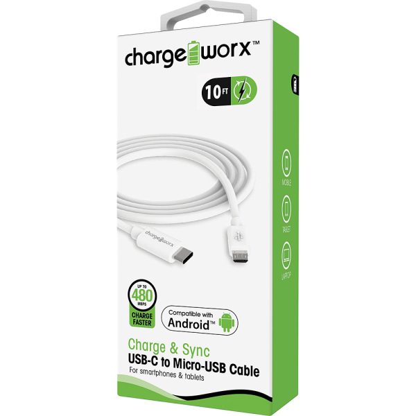 Chargeworx CHA-CX4632WH  10-FT USB-C TO Micro-USB