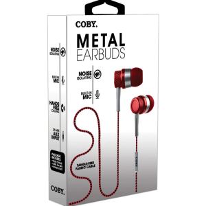 Coby CVE200RD EARBUDS IN-EAR MIC METAL FLAT CABLE RED