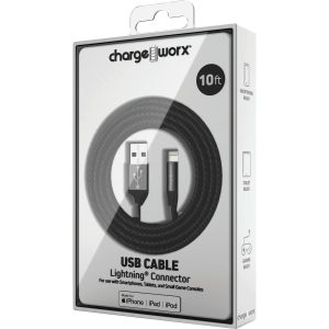Chargeworx CHA-CX4859BK  10-FT LIGHTNING CABLE CLEAR BOX PKG BLACK