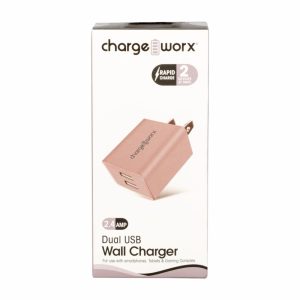 Chargeworx CHA-CX2603RG  DUAL USB WALL CHARGER 2 4A ROSE GOLD