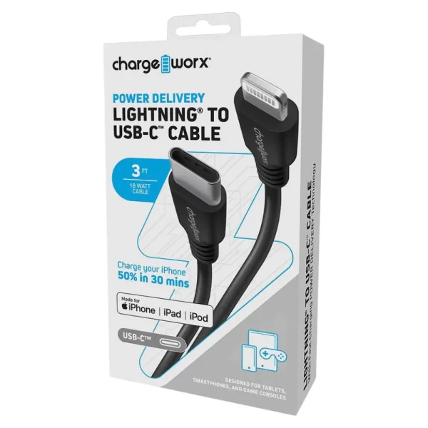 Chargeworx CHA-CX4624BK  PD  SYNC & CHARGE CABLE USB-C TO LIGHTNING 3 FT